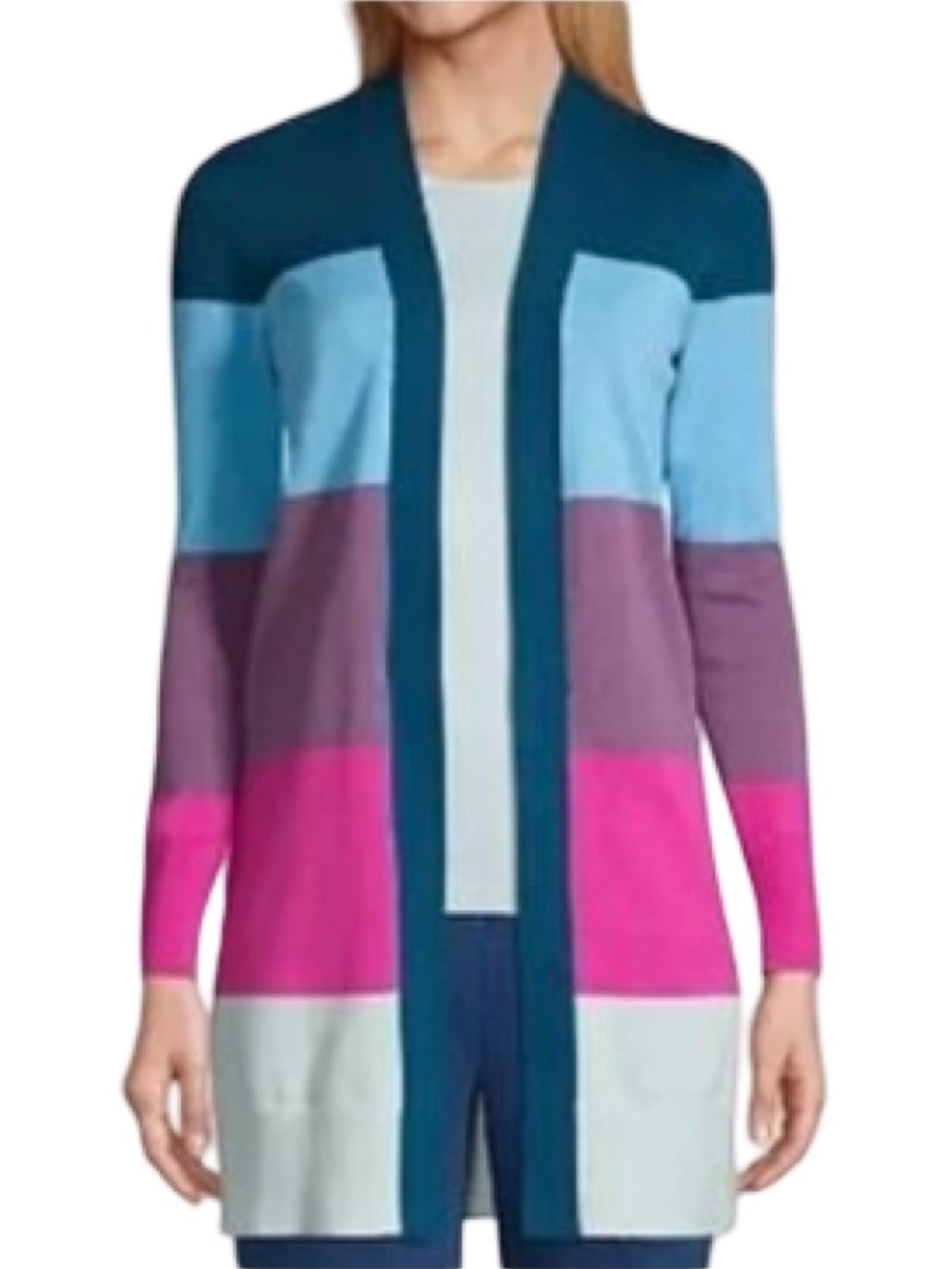 Lands' End Colorblock Stripe Long Open Cardigan Sweater Large Coastal Preppy